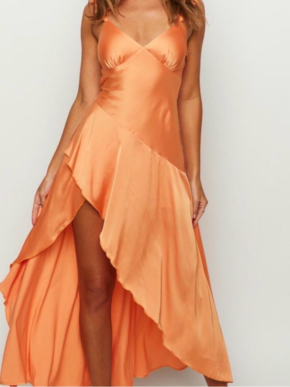 Beginning Boutique Peach-Orange Satin High-Low Slip Dress